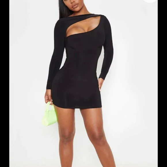 Women's Black Slinky Long Sleeve Bodice Cut Out Bodycon Dress - Size 2